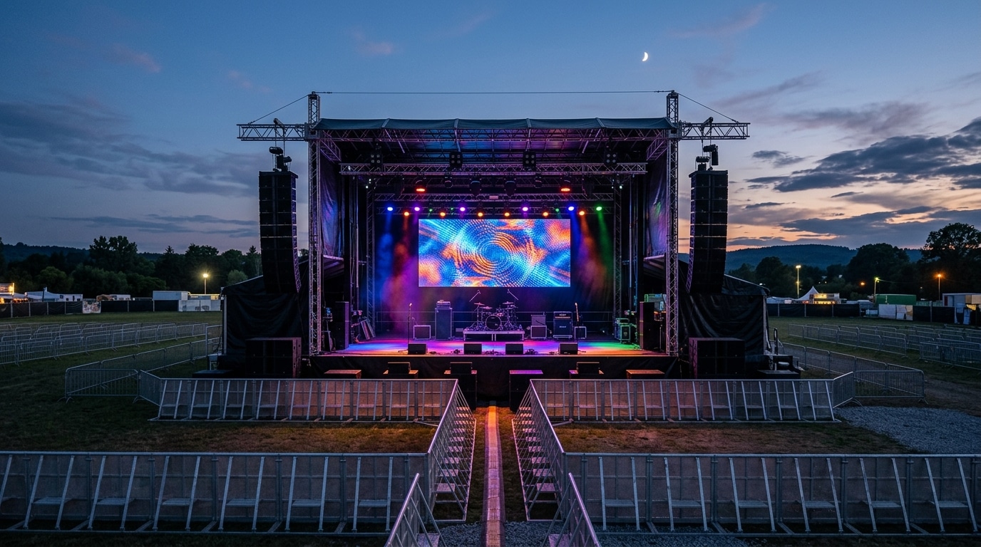 Scène de festival vide au crépuscule avec écran LED et barrières colorées