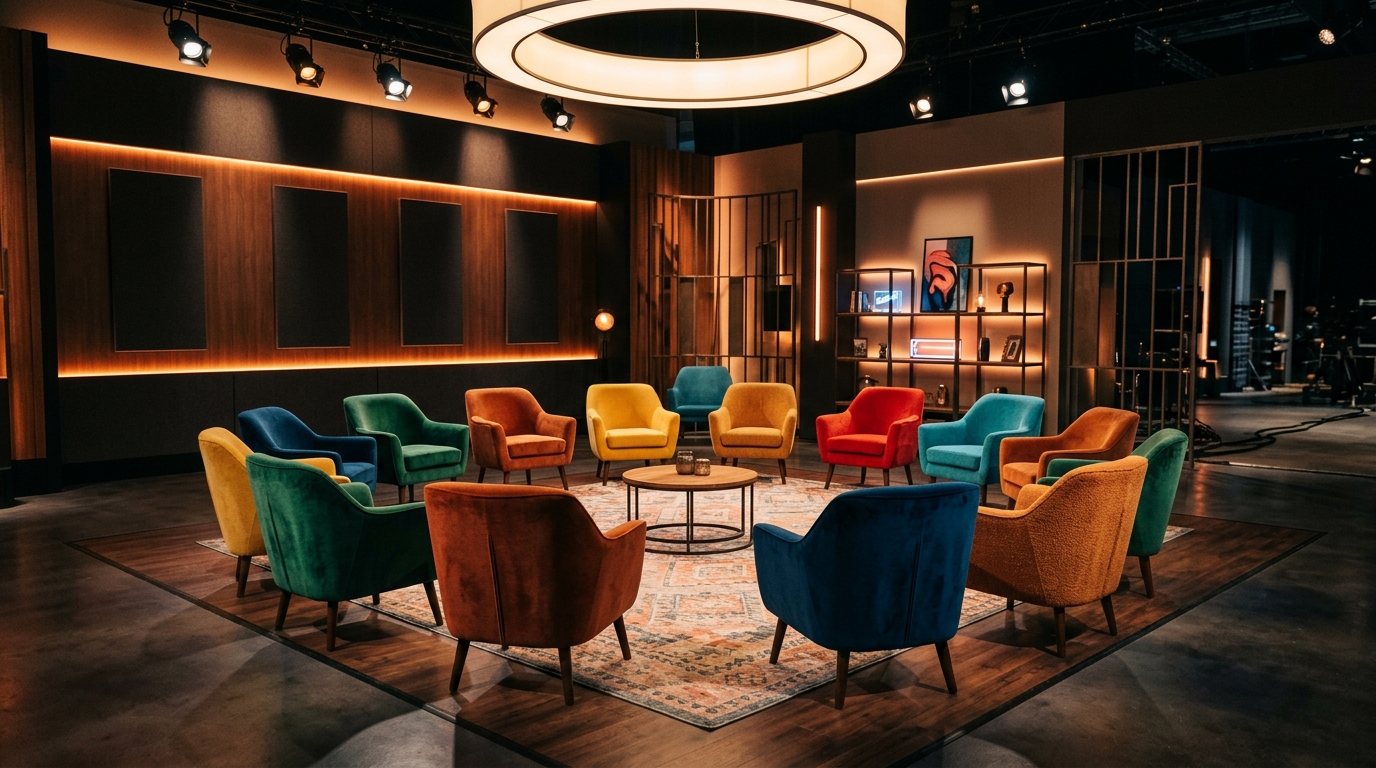 Le salon de la maison Secret Story disposé en cercle pour la révélation collective