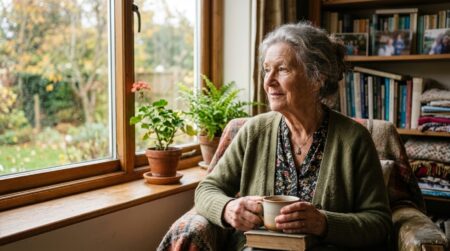 Femme âgée souriante près d'une fenêtre ensoleillée