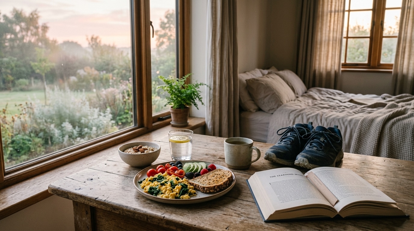 Repas équilibré, livre et chaussures de marche sur table