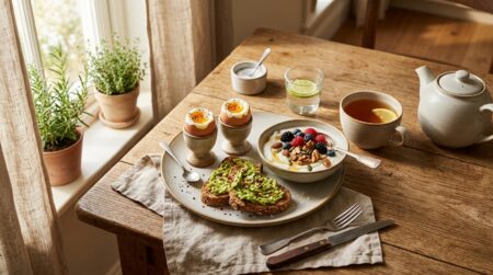 Table de petit-déjeuner équilibré vue de dessus
