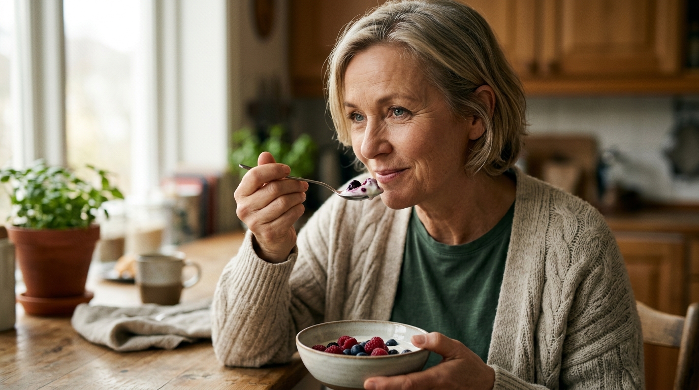 Femme souriante dégustant un yaourt aux fruits