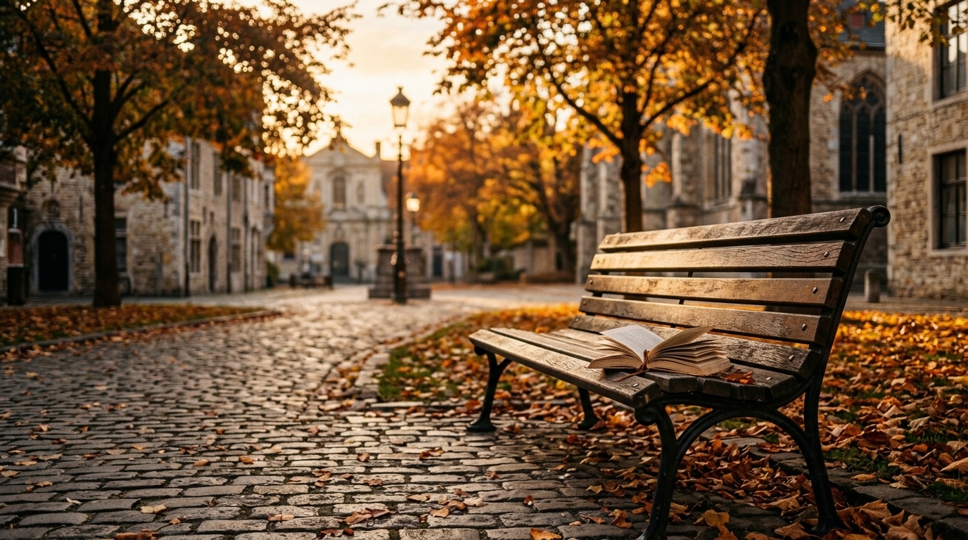 Banc de parc vide avec livre ouvert à l'automne