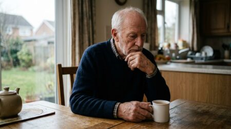Homme senior seul et pensif près d'une fenêtre