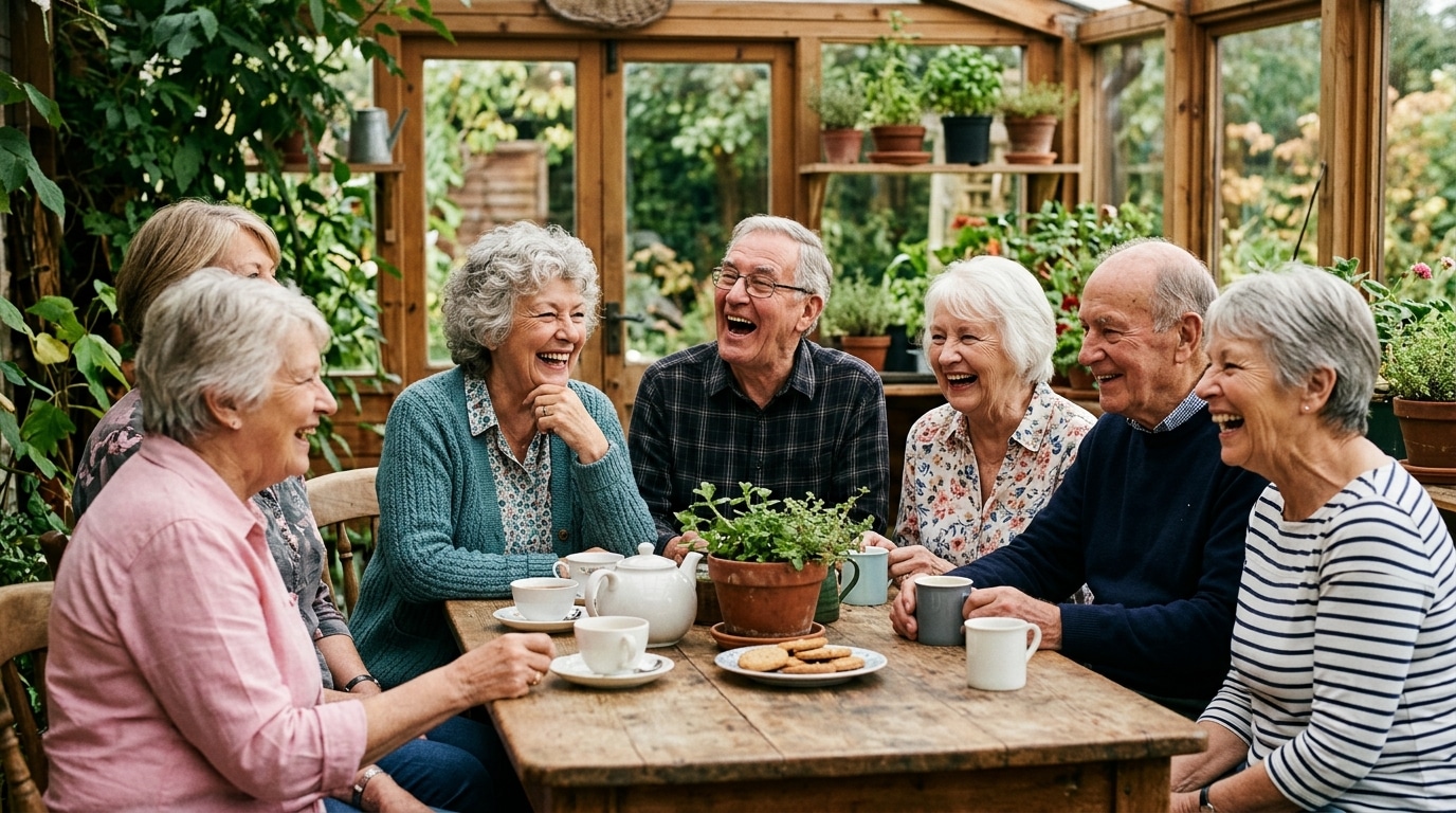 Groupe de seniors souriants partageant un moment convivial