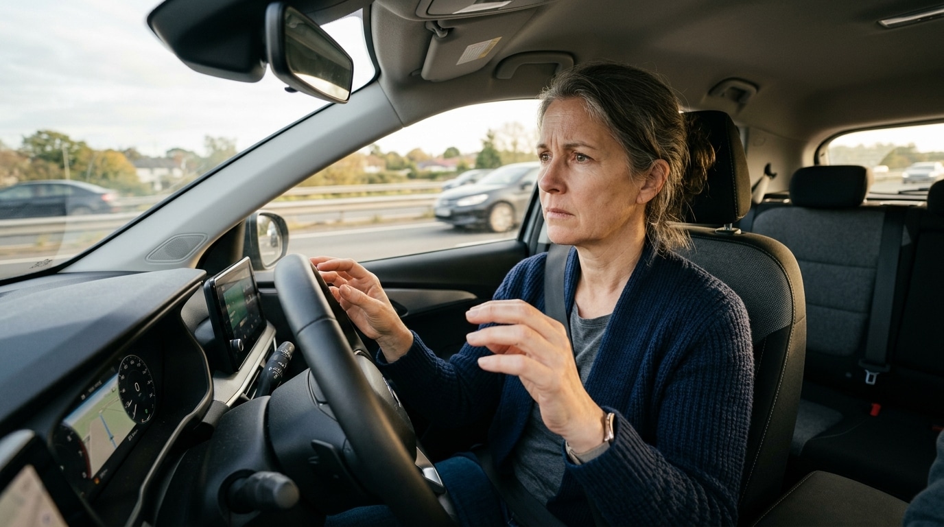 Conducteur inquiet mains proches du volant sans le toucher