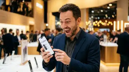 Homme surpris par le prix affiché sur son smartphone