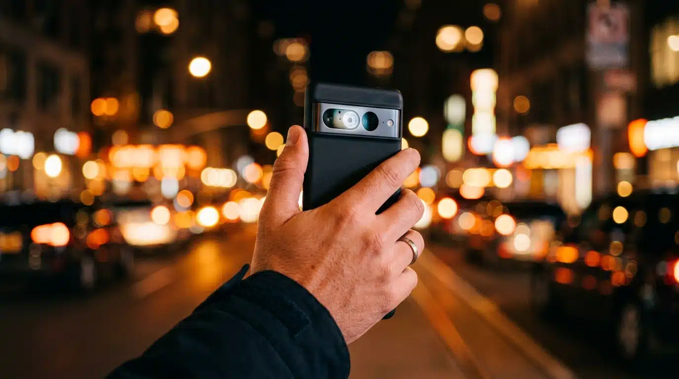 Gros plan sur l'objectif photo variable d'un smartphone la nuit