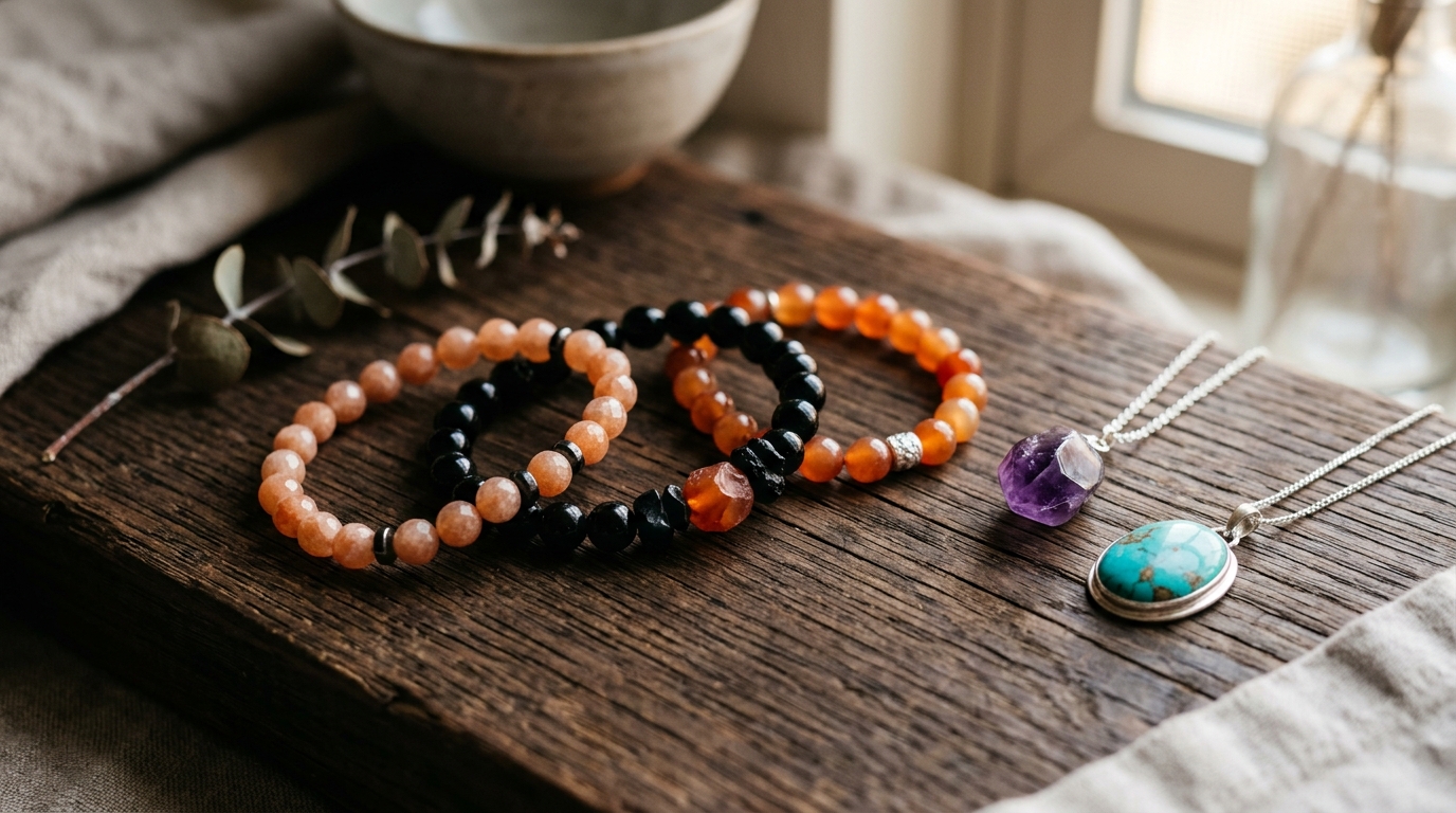 Bracelets en pierres naturelles colorées sur bois sombre