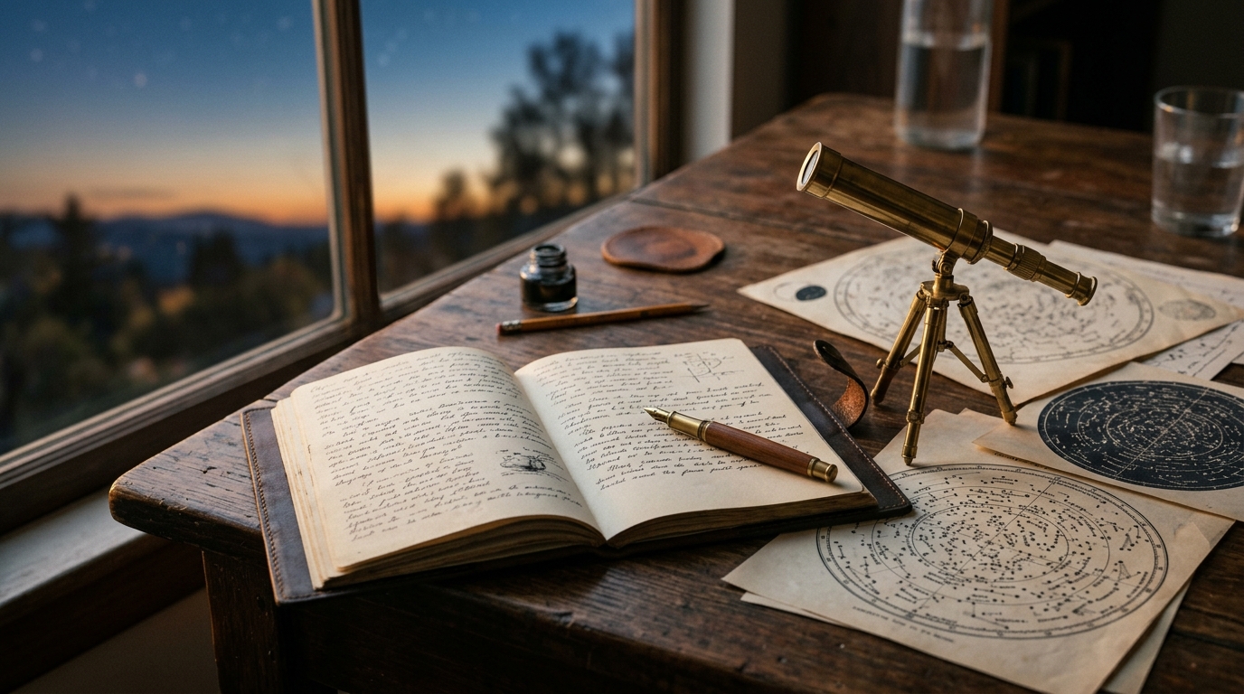 Bureau en bois avec carnet, télescope et cartes astrales