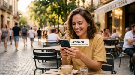 Jeune adulte souriant consultant son application bancaire en terrasse