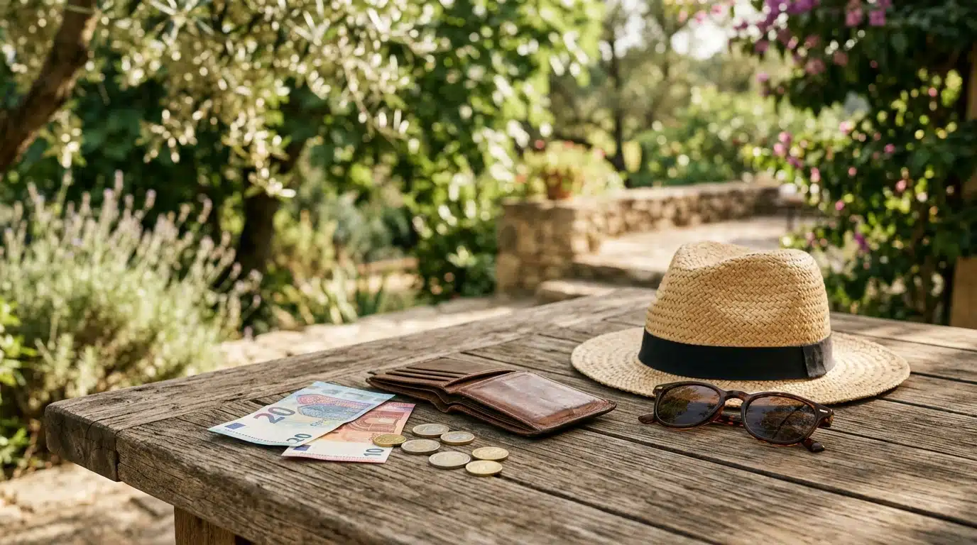 Billets et pièces en euros sur une table d'été