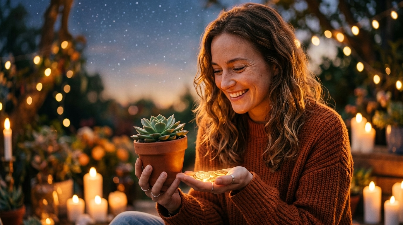 Femme souriante tenant des pièces dorées lumineuses