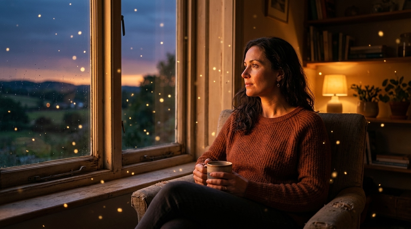Femme pensive à la lumière dorée du crépuscule