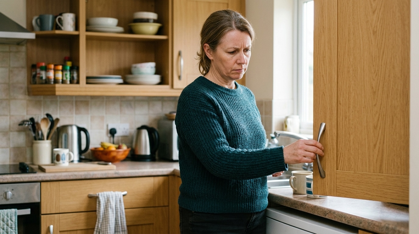 Personne touchant une poignée de meuble de cuisine branlante