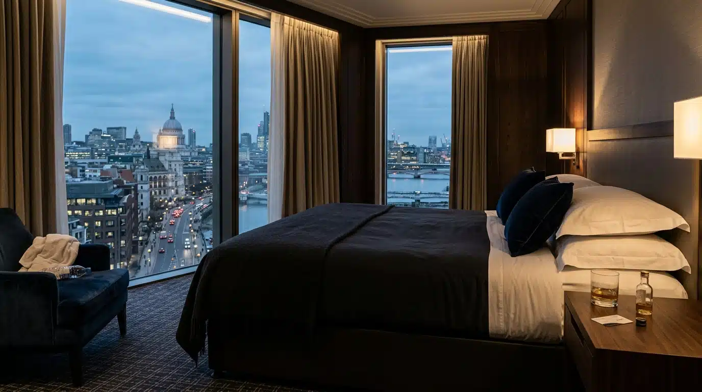 Chambre d'hôtel londonienne avec verre sur table de nuit