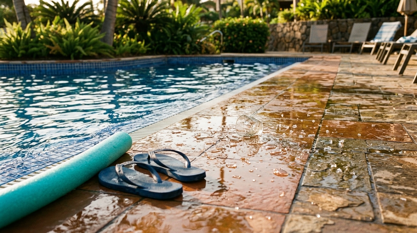 Éclats de verre invisibles sur carrelage mouillé de piscine
