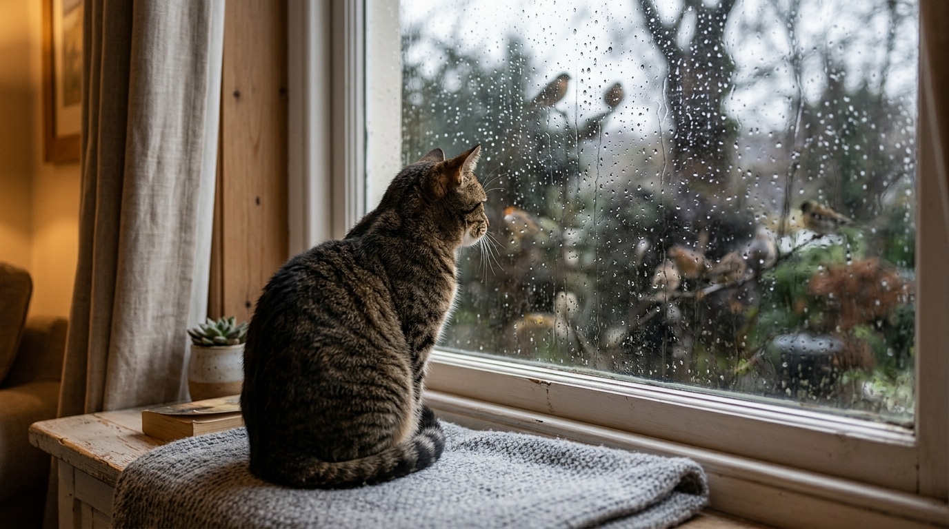 Chat assis sur un rebord de fenêtre observant l'extérieur
