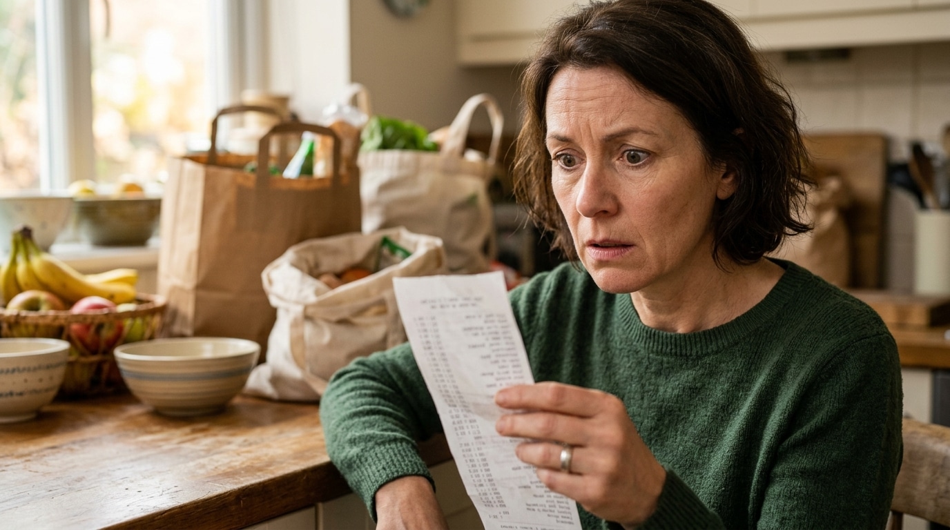 Personne surprise en lisant un ticket de caisse