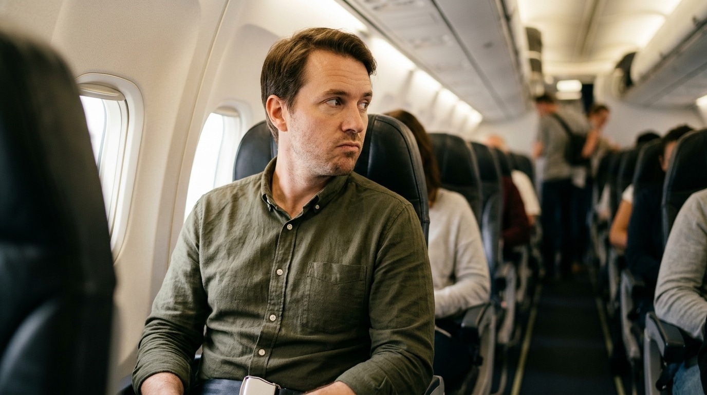 Passager agacé regardant son voisin de siège en avion