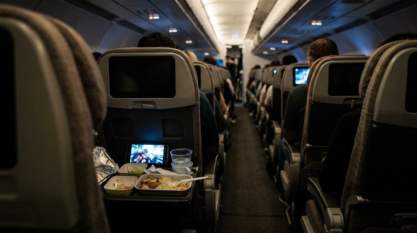 Plateau repas et téléphone allumé dans une cabine d'avion