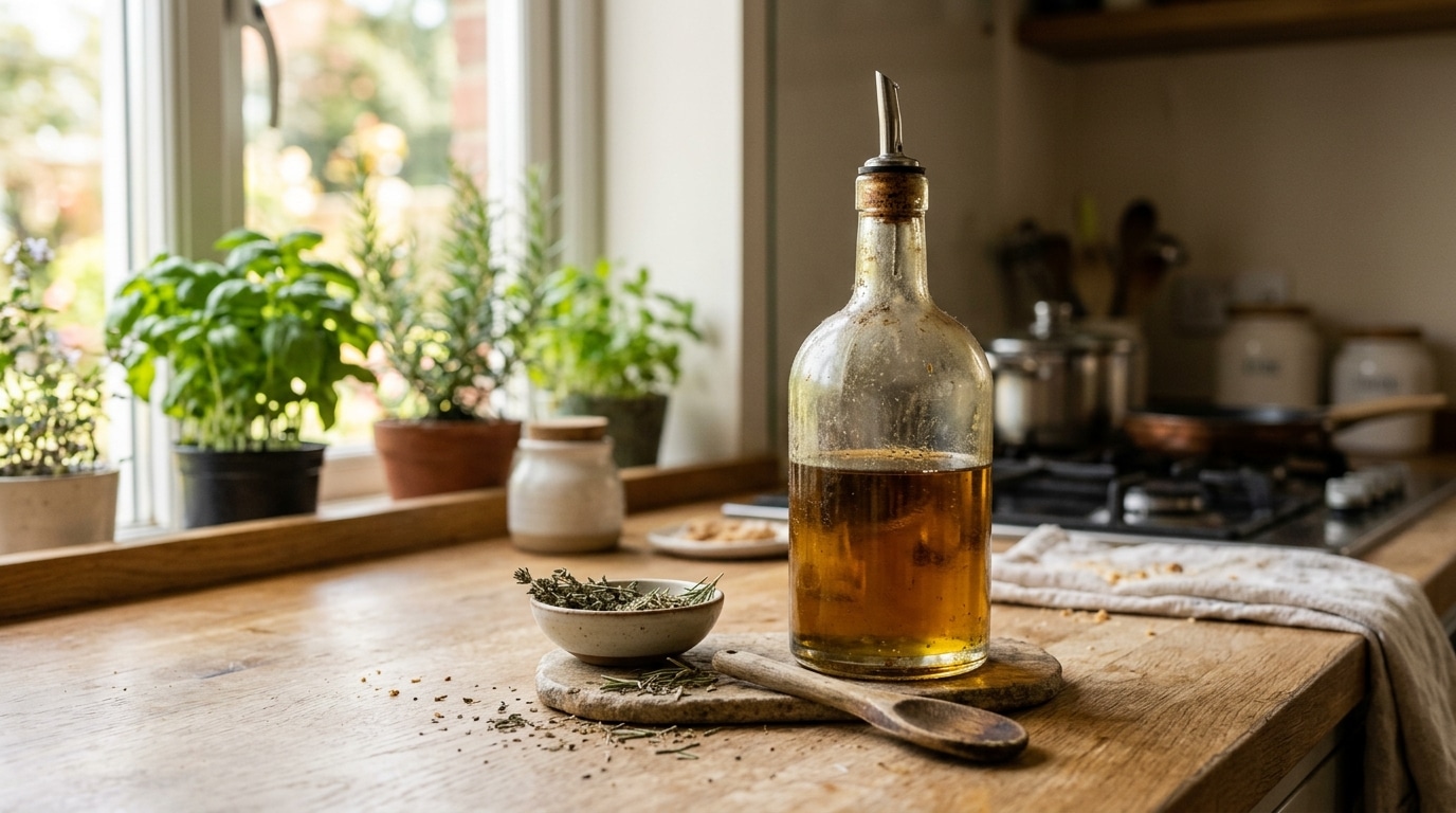 Bouteille d'huile décorative tachée posée sur un plan de travail
