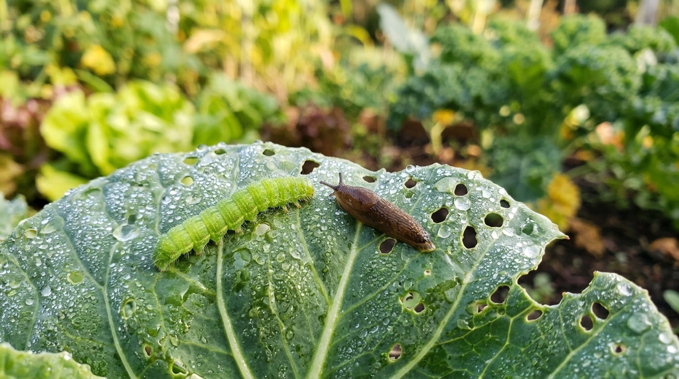 Chenille et limace sur une feuille de chou trouée