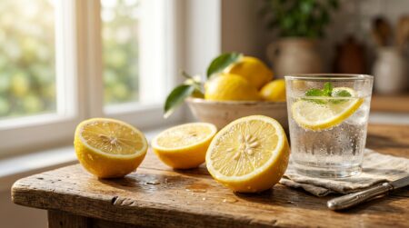 Citrons frais coupés en deux sur une table en bois