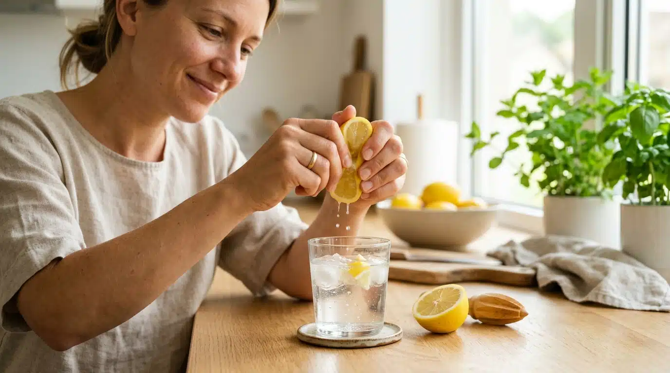 Mains pressant un citron dans un verre d'eau