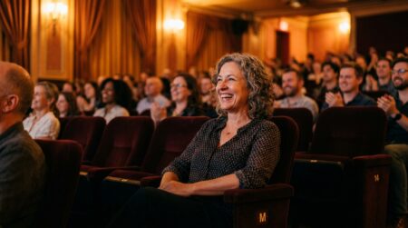 Femme senior souriante dans un théâtre illuminé