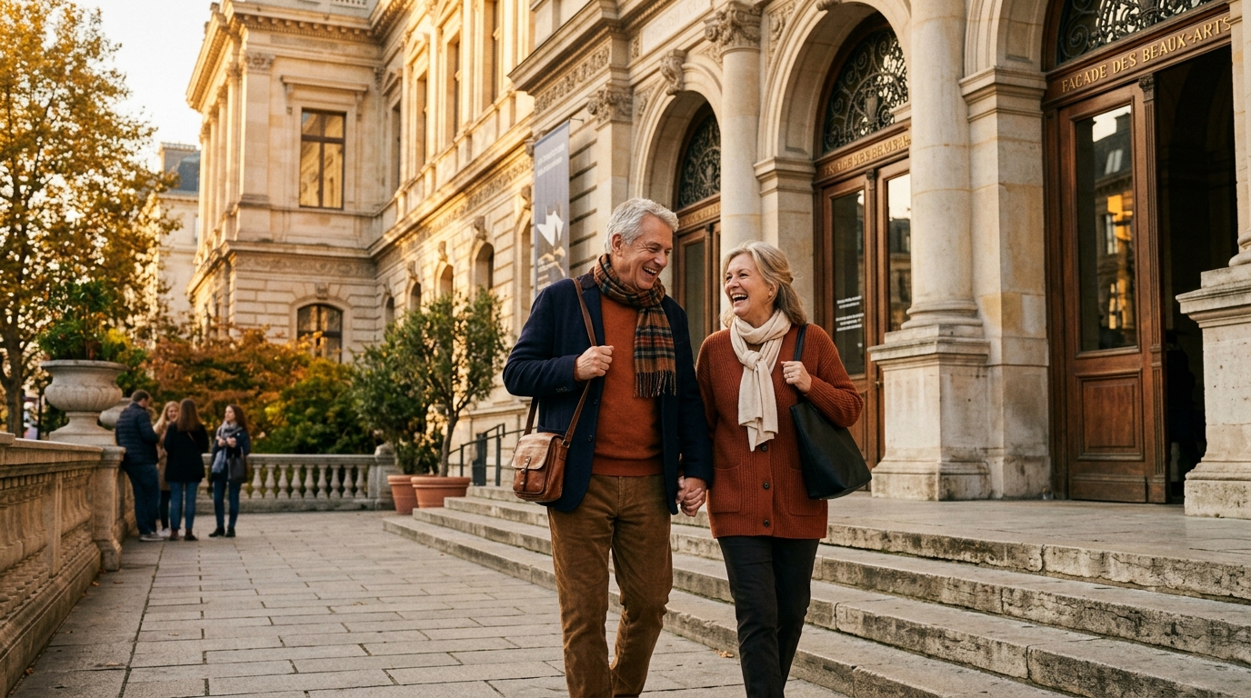 Couple senior heureux sortant d'un musée d'art