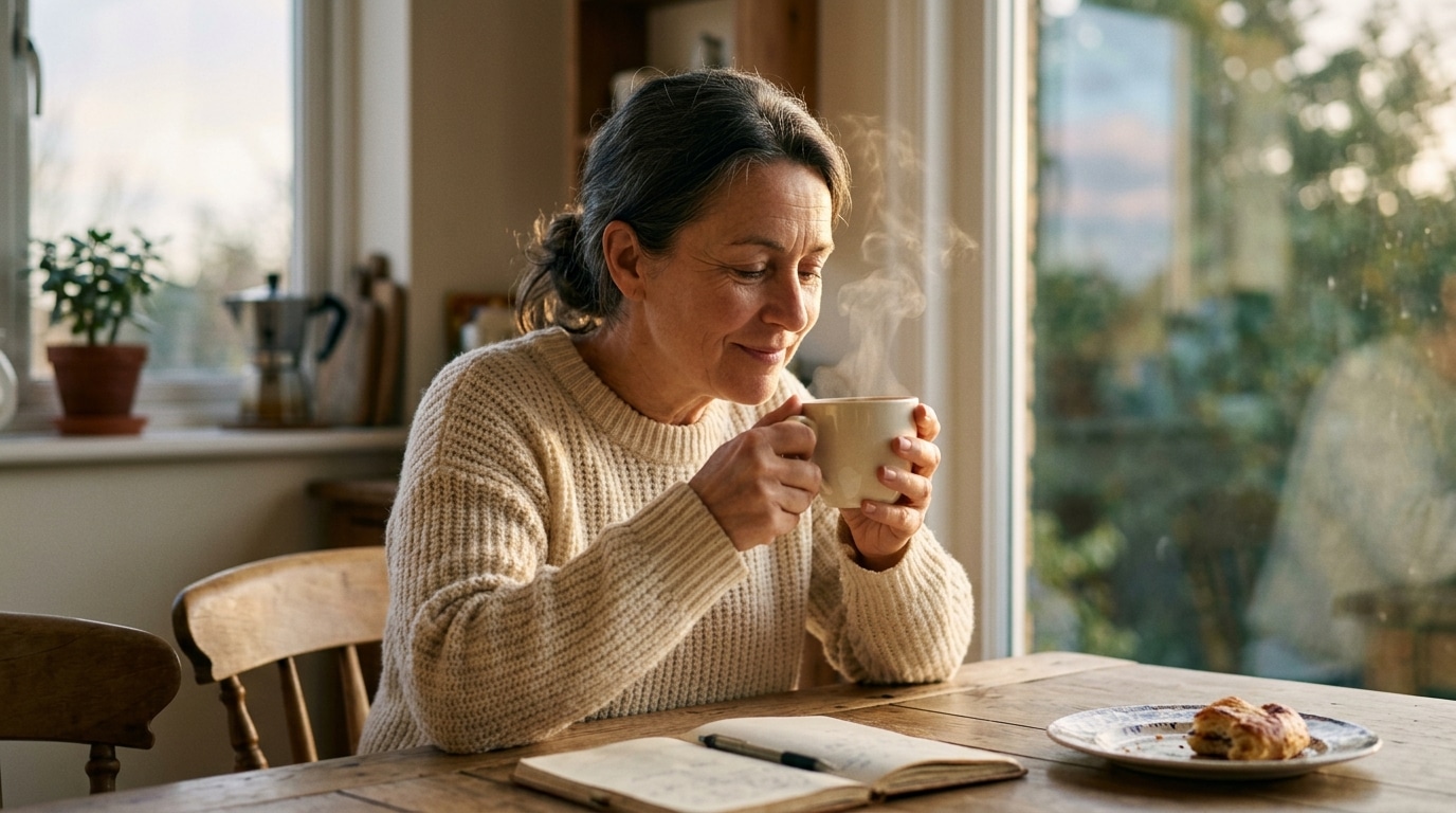 Adulte souriant tenant une tasse de café au réveil