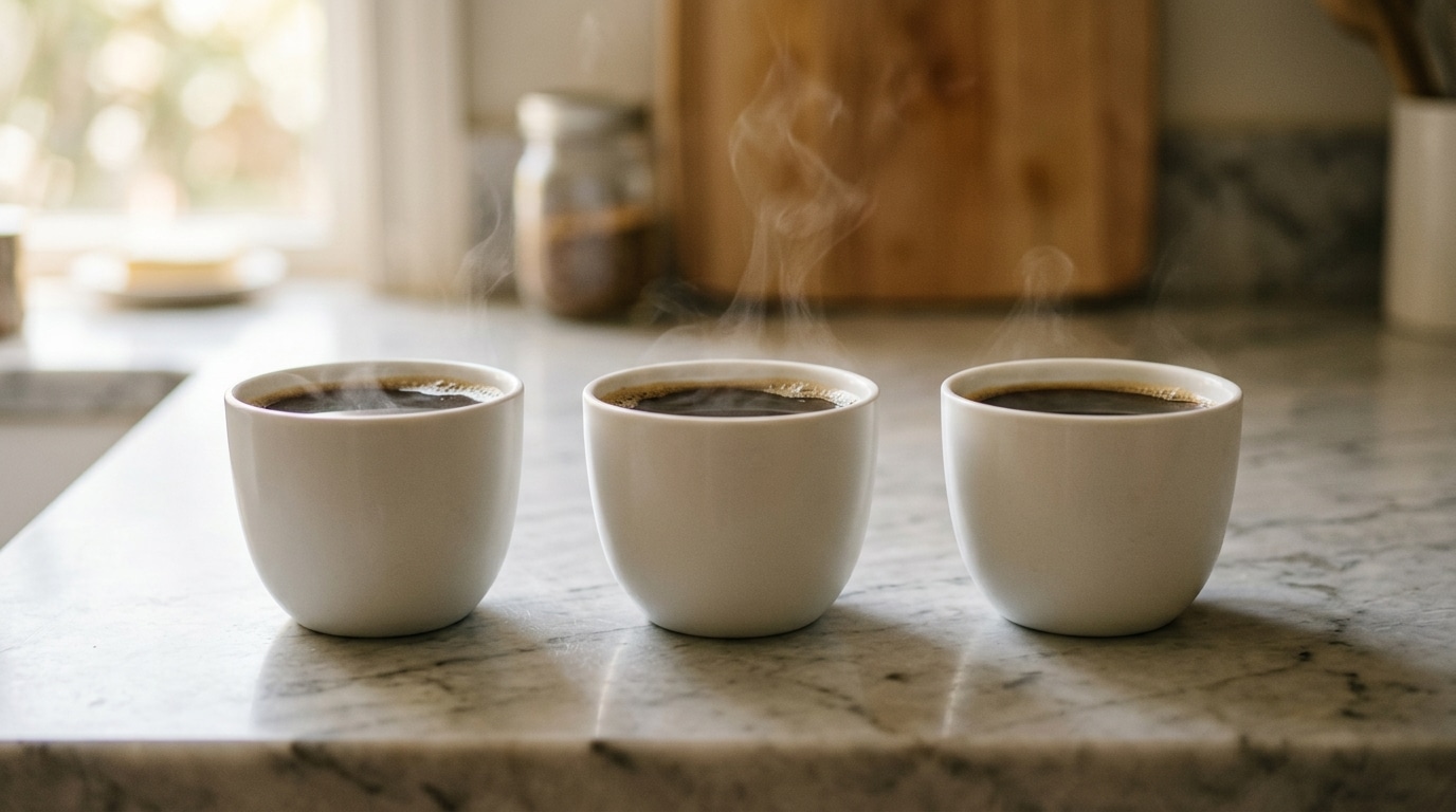 Trois tasses de café alignées sur un plan de travail
