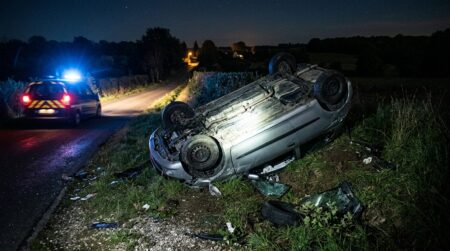 Voiture accidentée renversée sur bas-côté nocturne