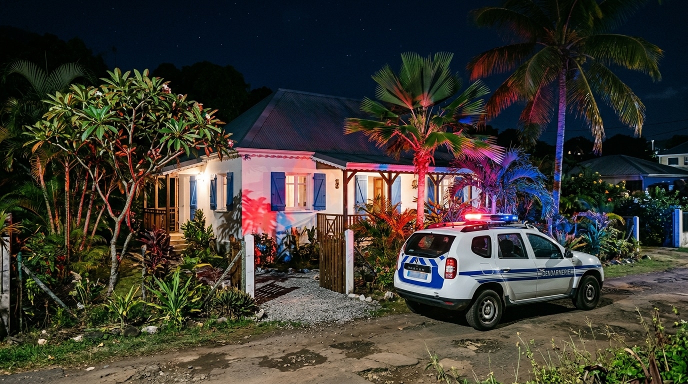 Voiture de gendarmerie garée devant maison tropicale de nuit