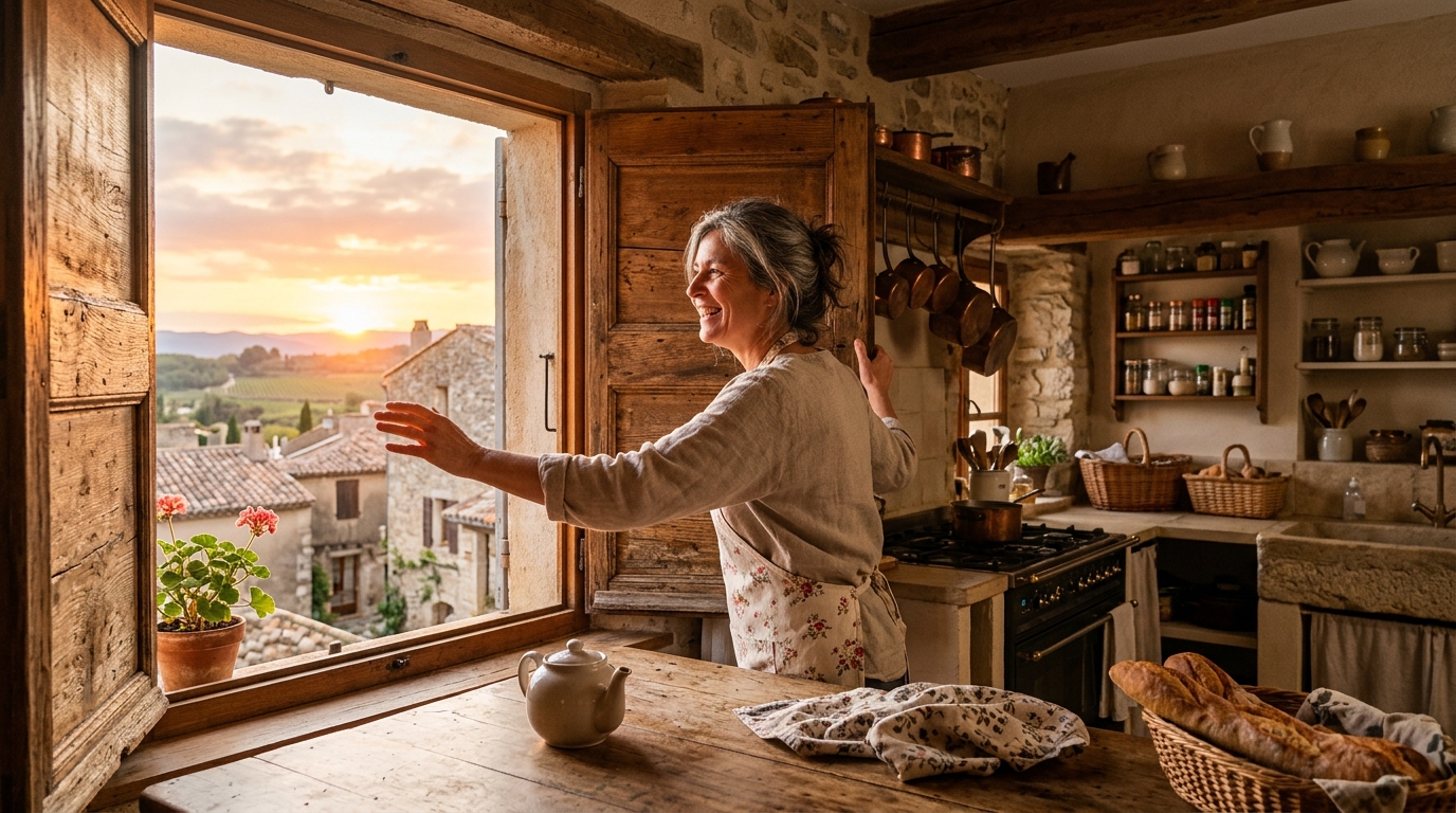 Femme ouvrant les volets tôt le matin en canicule