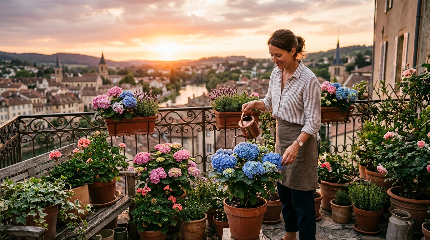 Femme arrosant ses plantes sur la terrasse au coucher du soleil