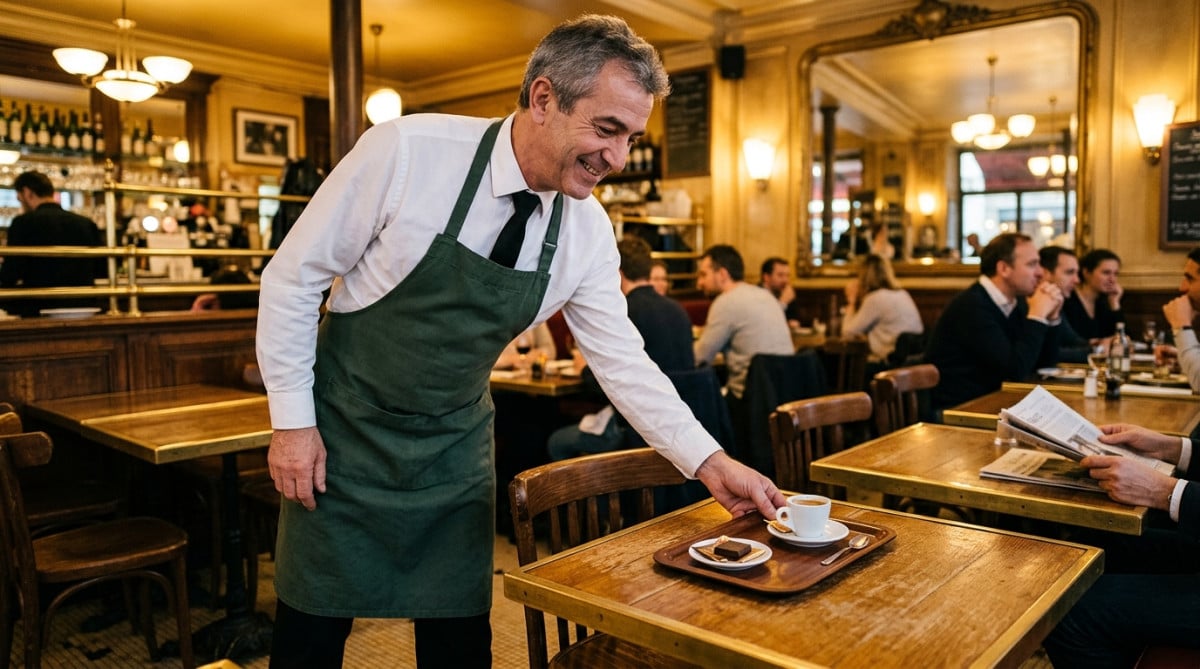 Serveur français posant un café accompagné de chocolat