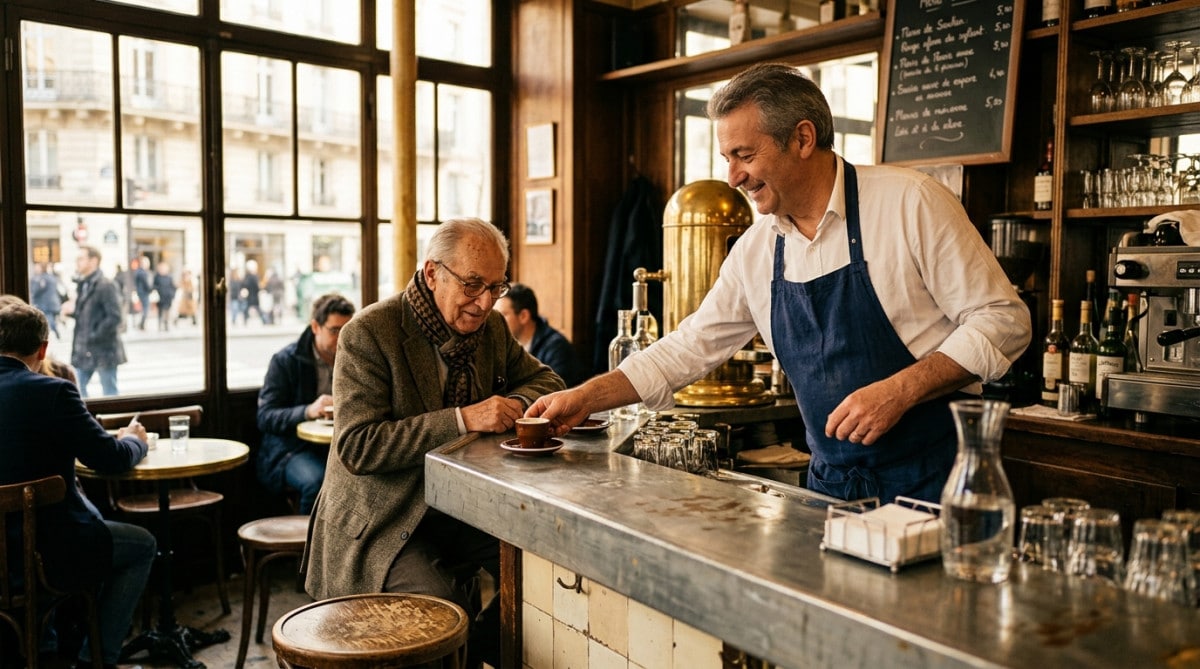 Serveur posant une tasse de café sur une soucoupe au comptoir