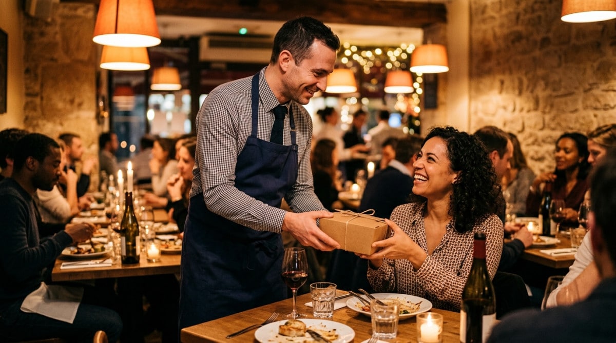Serveur remettant une boîte doggy bag à un client