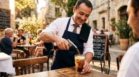 Serveur servant un Coca-Cola en terrasse de café