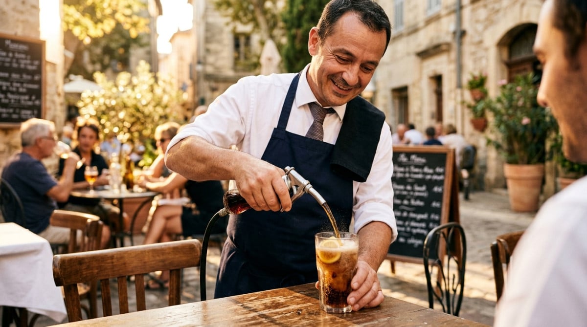 Serveur servant un Coca-Cola en terrasse de café