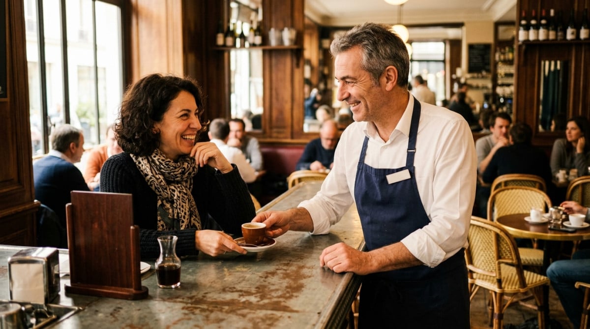 Serveur souriant appuyé sur un comptoir en zinc
