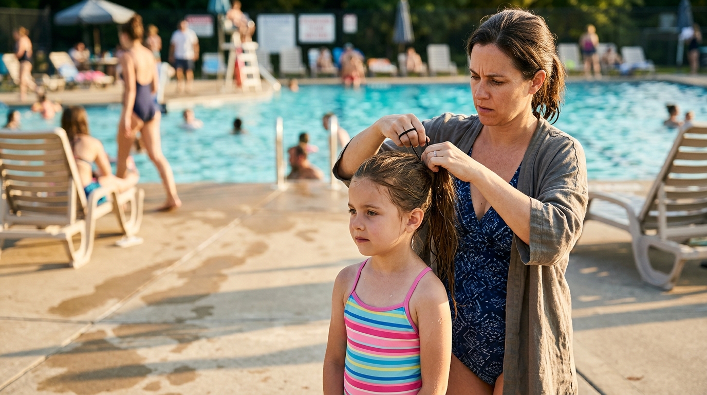 Mère attache les cheveux de sa fille avant la baignade