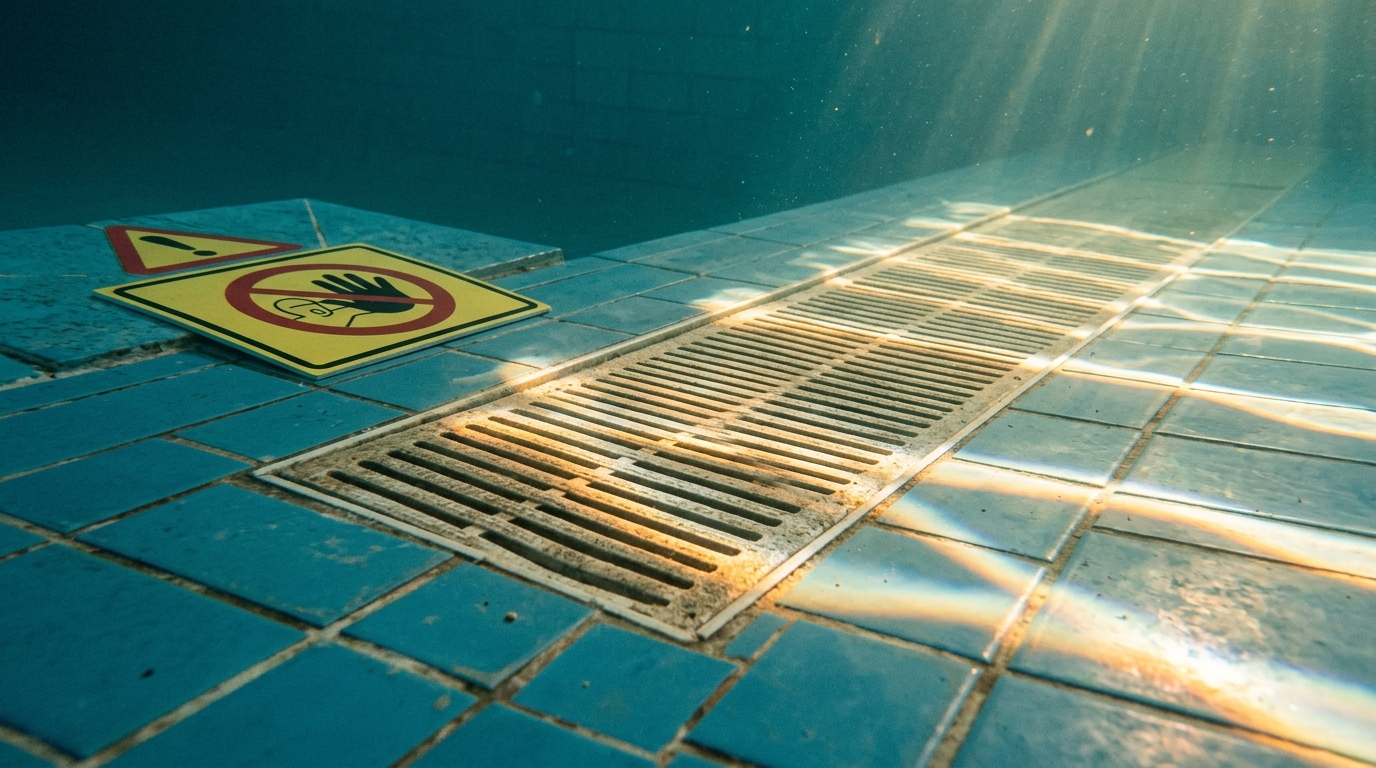 Grille d'aspiration au fond d'une piscine publique