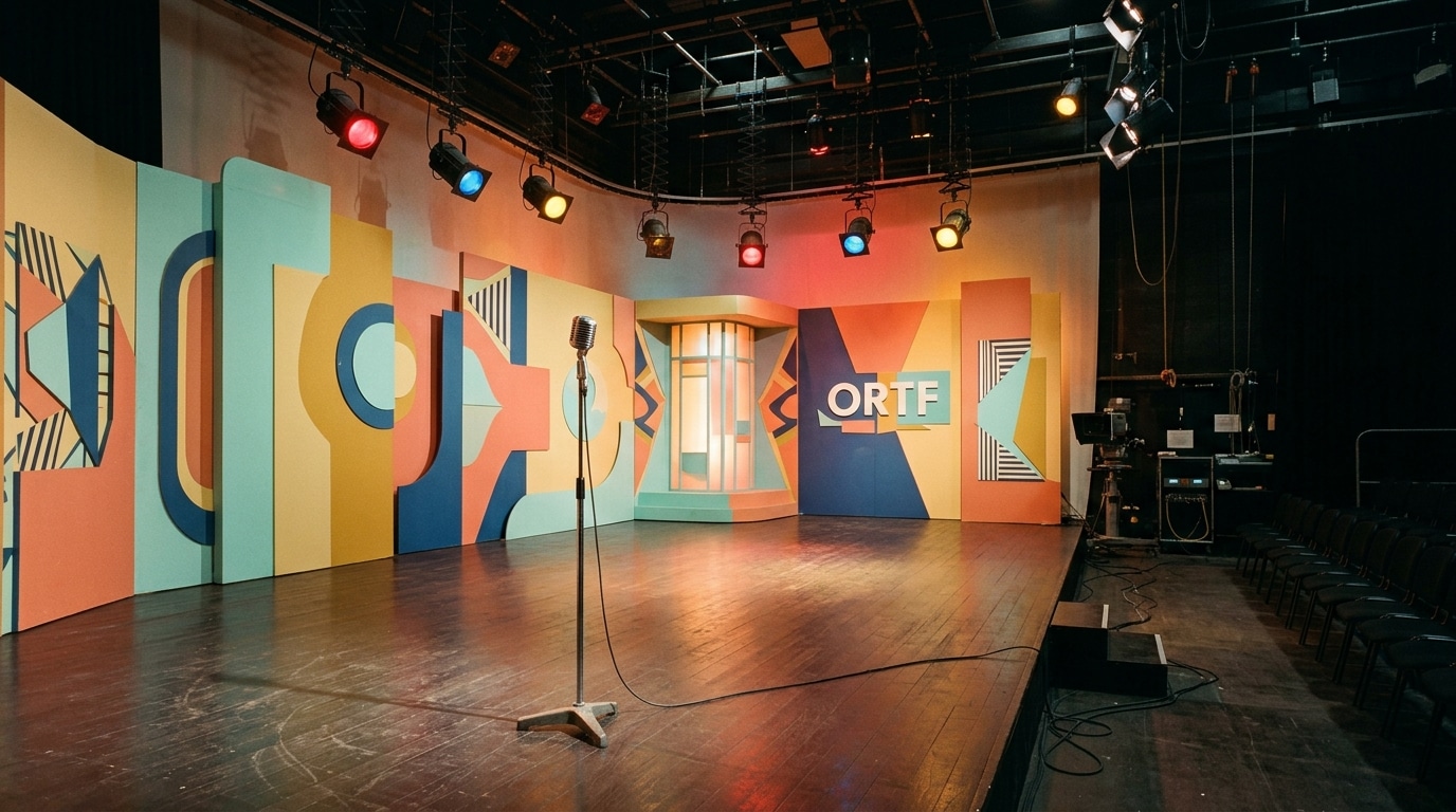 Scène de télévision française des années 1960 avec éclairages colorés et décor rétro