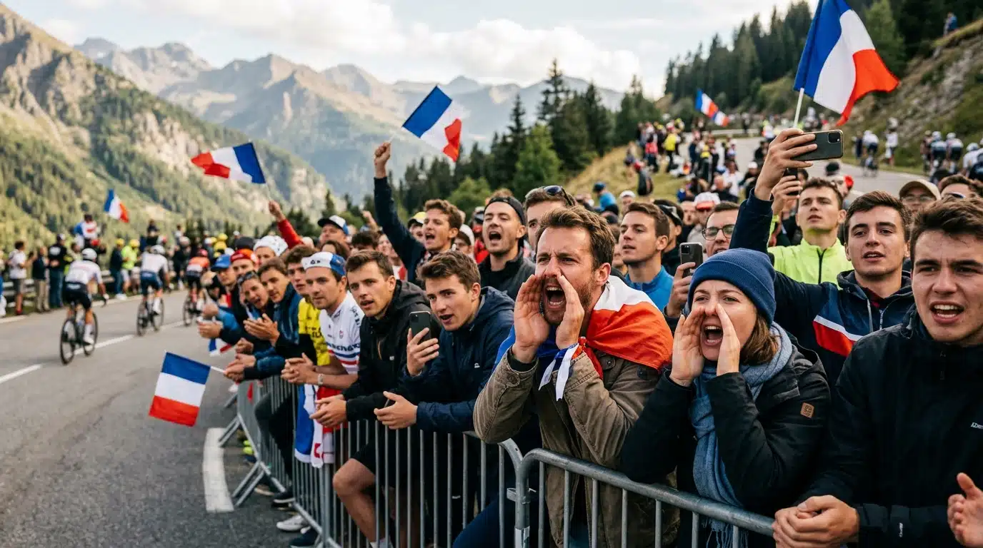 Foule de spectateurs criant au bord de la route
