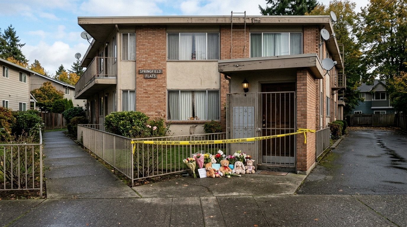 Immeuble résidentiel cordon police peluches déposées entrée