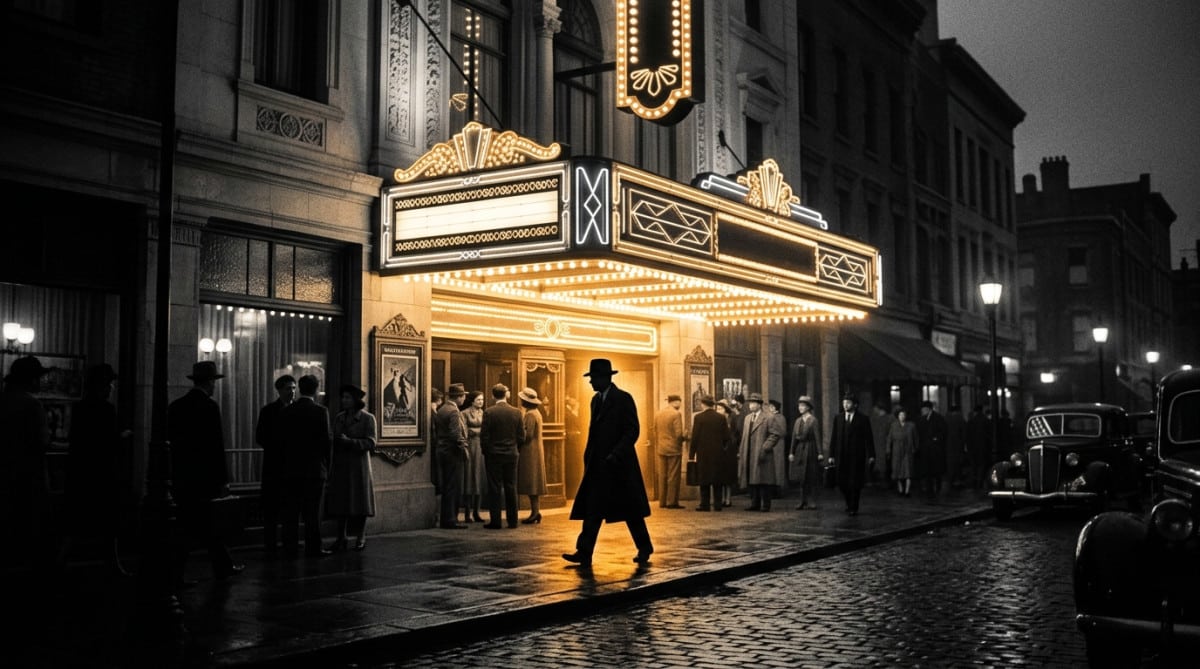 Silhouette sortant d'un cinéma des années 1930