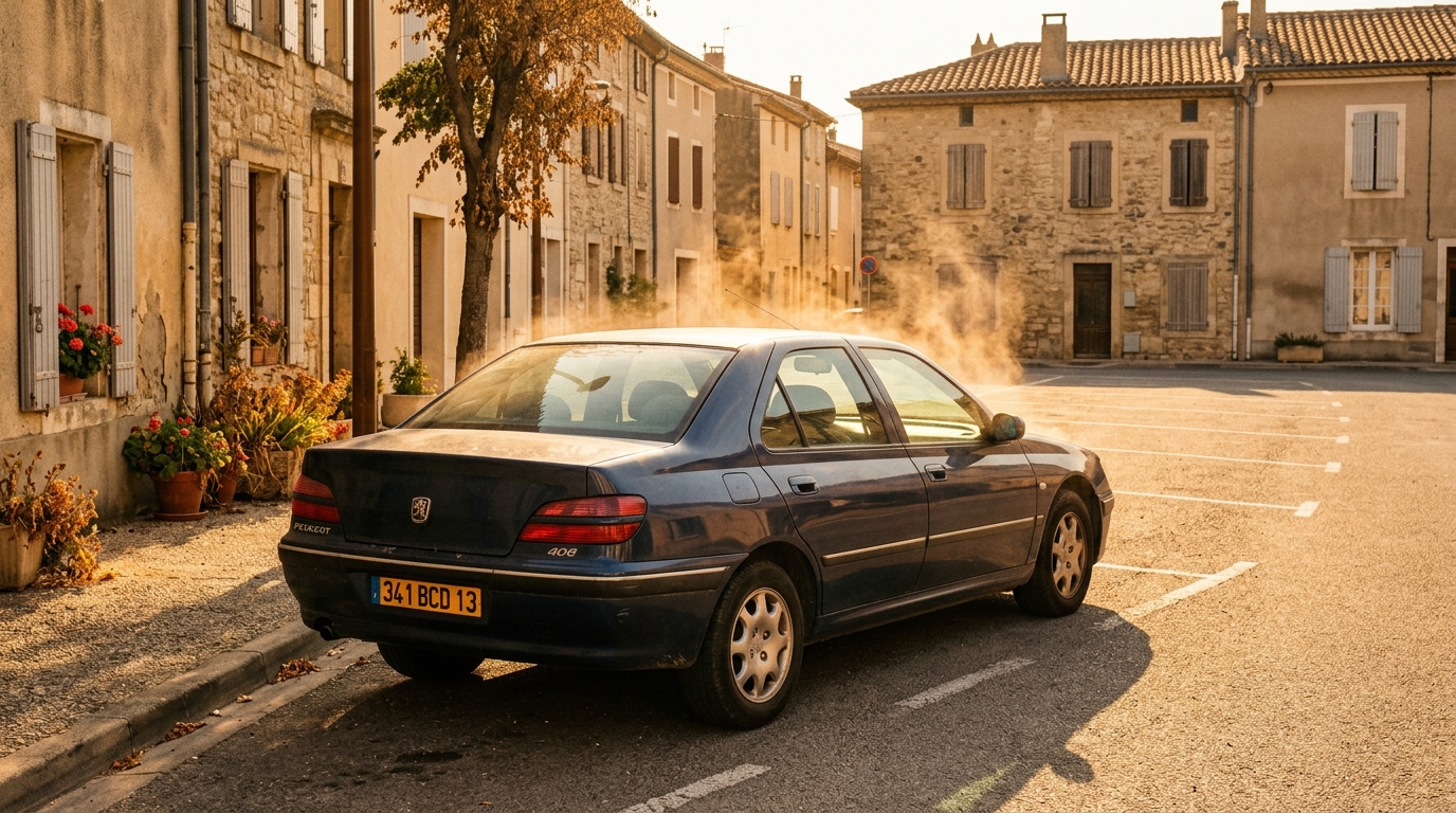 Voiture garée en plein soleil sur un parking